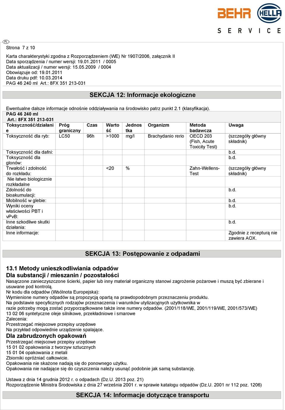 Test) Toksyczność dla dafni: Toksyczność dla glonów: Trwałość i zdolność do rozkładu: Nie łatwo biologicznie rozkładalne Zdolność do bioakumulacji: Mobilność w glebie: Wyniki oceny właściwości PBT i