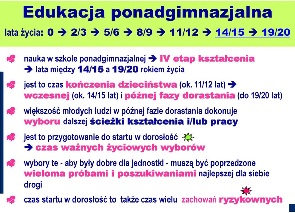 14/15 lat) i późnej fazy dorastania (do 19/20 lat) większość młodych ludzi w późnej fazie dorastania dokonuje wyboru dalszej ścieżki kształcenia i/lub pracy jest