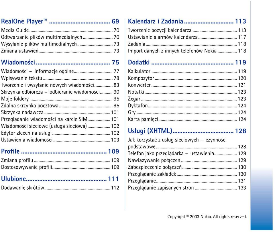 ..101 Przegl±danie wiadomo ci na karcie SIM...101 Wiadomo ci sieciowe (us³uga sieciowa)...102 Edytor zleceñ na us³ugi...102 Ustawienia wiadomo ci...103 Profile... 109 Zmiana profilu.