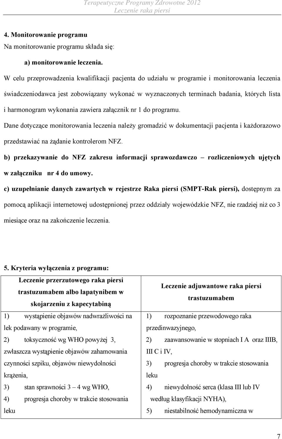 wykonania zawiera załącznik nr 1 do programu. Dane dotyczące monitorowania leczenia należy gromadzić w dokumentacji pacjenta i każdorazowo przedstawiać na żądanie kontrolerom NFZ.