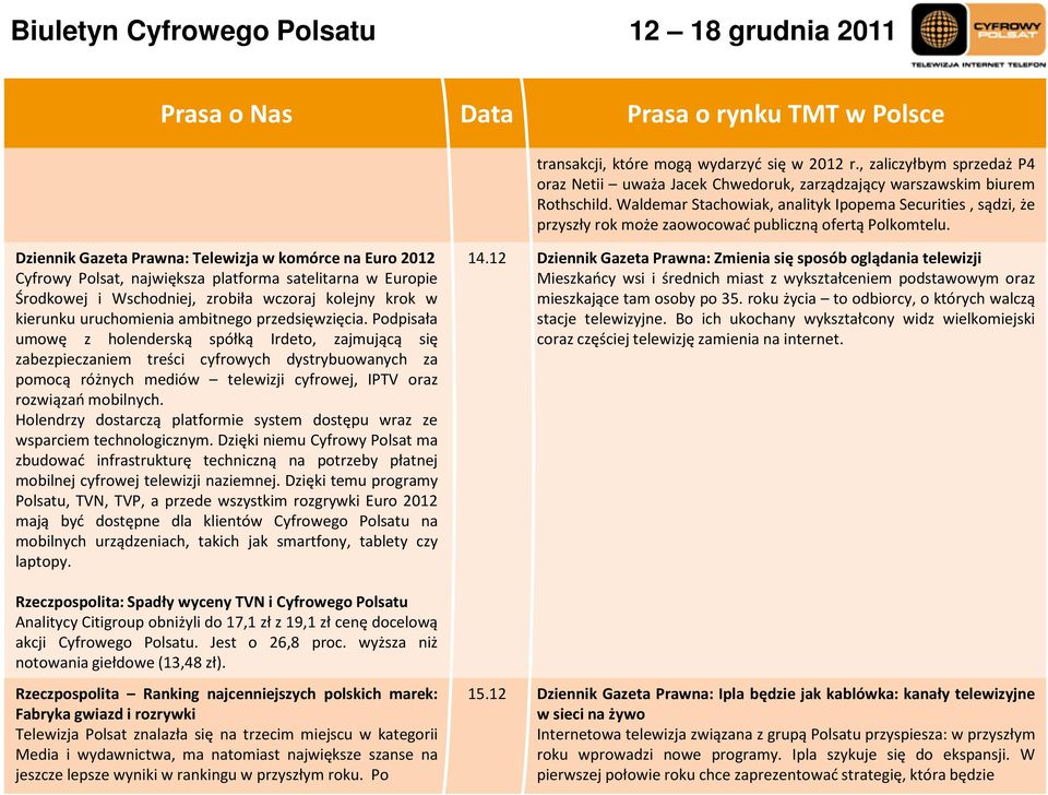 Dziennik Gazeta Prawna: Telewizja w komórce na Euro 2012 Cyfrowy Polsat, największa platforma satelitarna w Europie Środkowej i Wschodniej, zrobiła wczoraj kolejny krok w kierunku uruchomienia