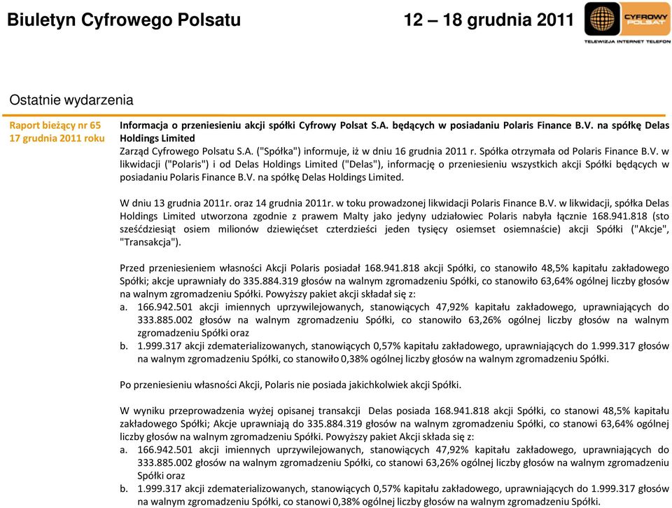 w likwidacji ("Polaris") i od Delas Holdings Limited ("Delas"), informację o przeniesieniu wszystkich akcji Spółki będących w posiadaniu Polaris Finance B.V. na spółkę Delas Holdings Limited.