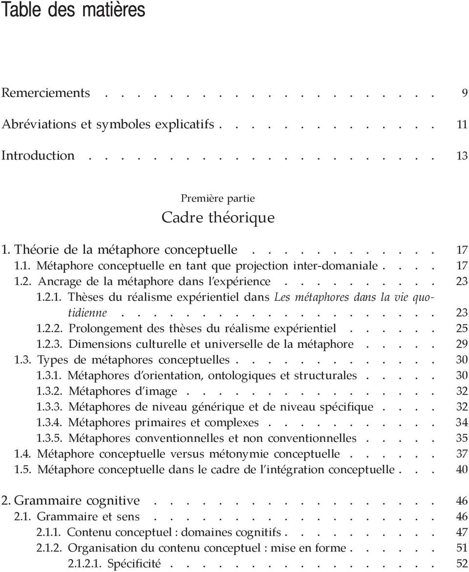 ................... 1.2.2. Prolongement des thèses du réalisme expérientiel...... 1.2.3. Dimensions culturelle et universelle de la métaphore..... 1.3. Types de métaphores conceptuelles............. 1.3.1. Métaphores d orientation, ontologiques et structurales.