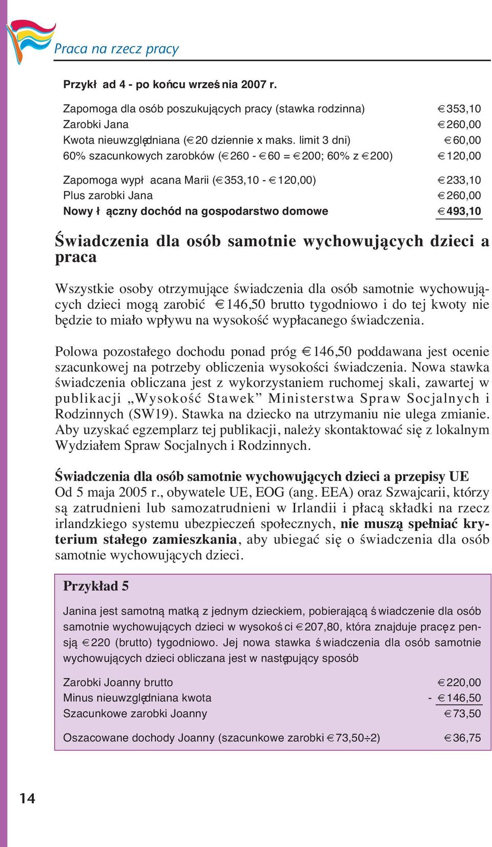 493,10 Świadczenia dla osób samotnie wychowujących dzieci a praca Wszystkie osoby otrzymujące świadczenia dla osób samotnie wychowujących dzieci mogą zarobić 146,50 brutto tygodniowo i do tej kwoty