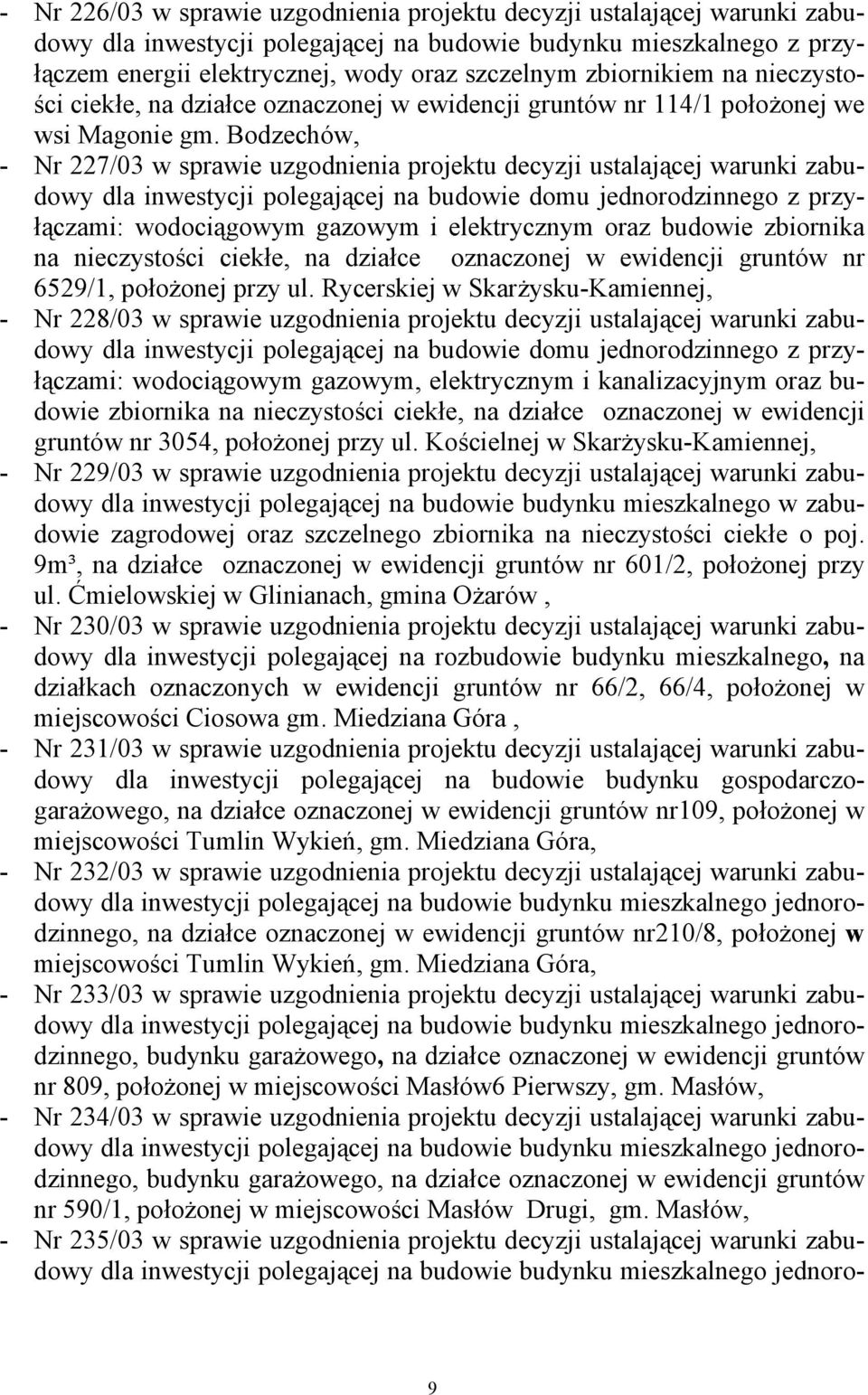 Bodzechów, - Nr 227/03 w sprawie uzgodnienia projektu decyzji ustalającej warunki zabudowy dla inwestycji polegającej na budowie domu jednorodzinnego z przyłączami: wodociągowym gazowym i