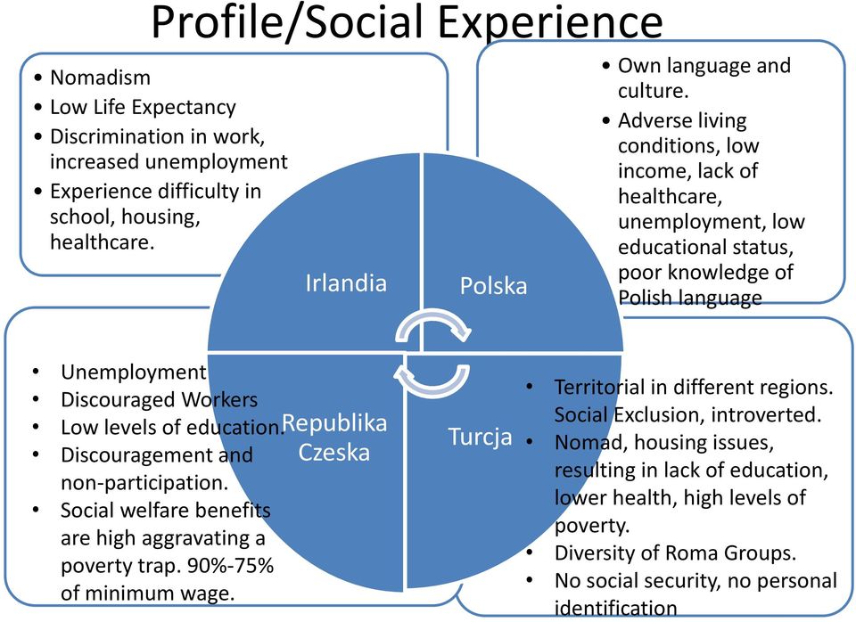 Adverse living conditions, low income, lack of healthcare, unemployment, low educational status, poor knowledge of Polish language Unemployment Discouraged Workers Low levels of education.