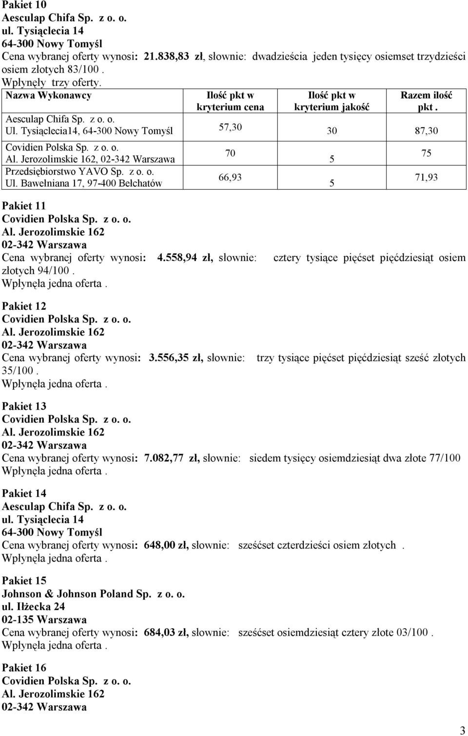 cztery tysiące pięćset pięćdziesiąt osiem Pakiet 12 Cena wybranej oferty wynosi: 3.556,35 zł, słownie: 35/100. trzy tysiące pięćset pięćdziesiąt sześć złotych Pakiet 13 Cena wybranej oferty wynosi: 7.