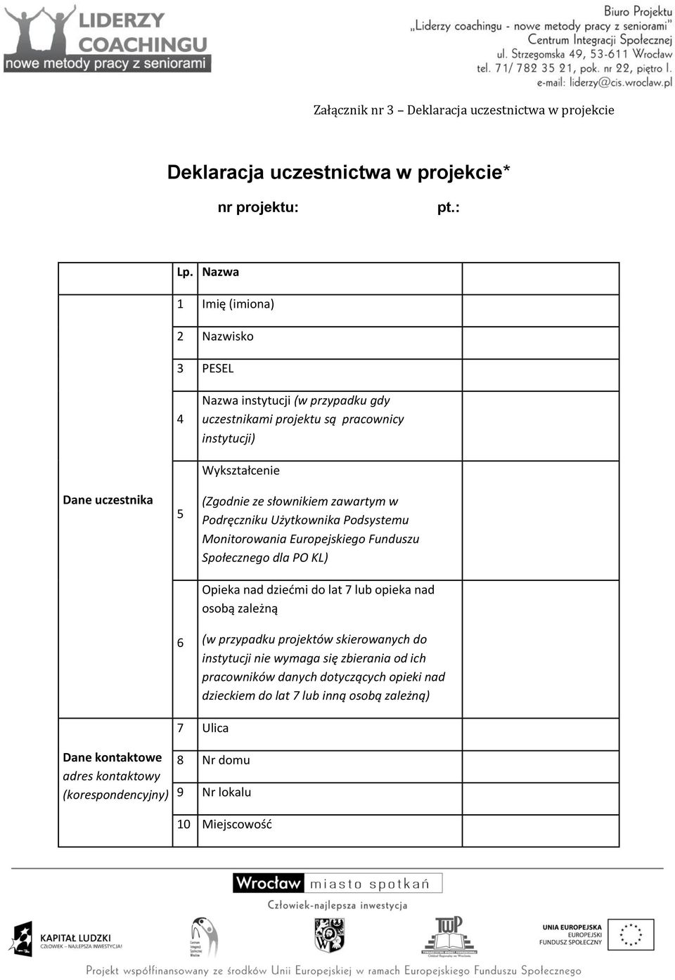 słownikiem zawartym w Podręczniku Użytkownika Podsystemu Monitorowania Europejskiego Funduszu Społecznego dla PO KL) Opieka nad dziećmi do lat 7 lub opieka nad osobą zależną (w