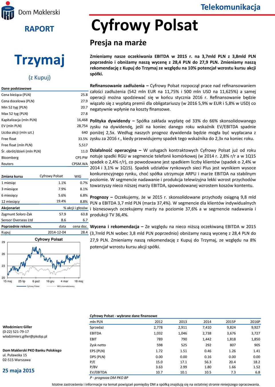 WA Zmiana kursu Cyfrowy Polsat WIG 1 miesiąc 1.1%.7% 3 miesiące 7.9% 8.1% 6 miesięcy 5.6% 6.8% 12 miesięcy 19.4% 8.8% Akcjonariat Zygmunt Solorz-Żak % akcji i głosów 57.9 63.8 Sensor Overseas Ltd 8.