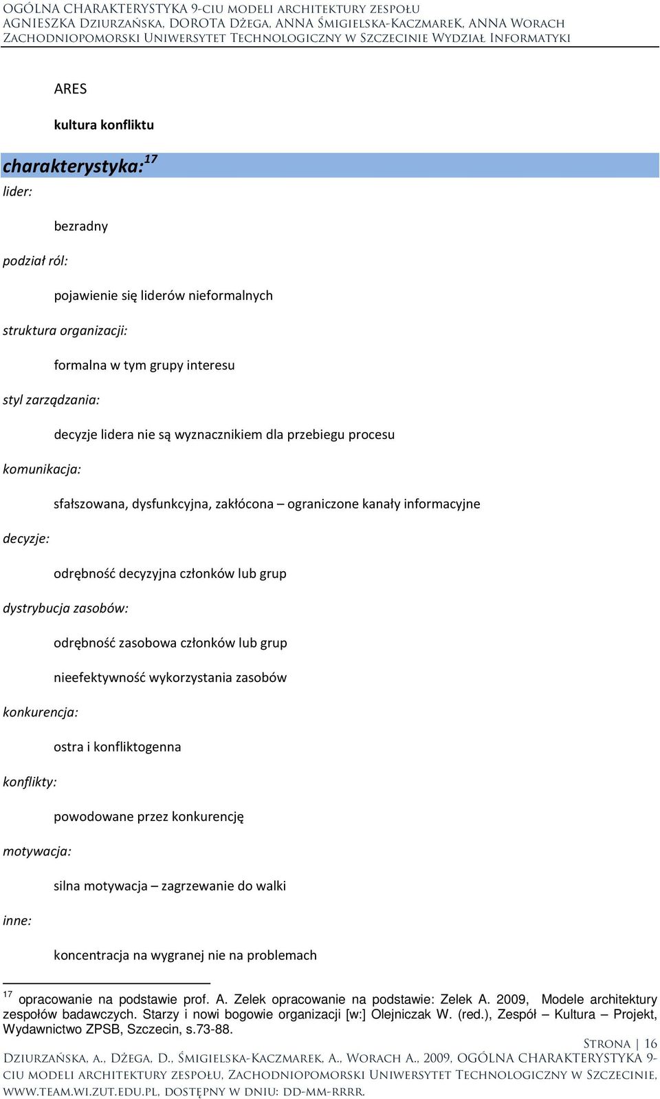 nieefektywność wykorzystania zasobów konkurencja: ostra i konfliktogenna konflikty: powodowane przez konkurencję motywacja: silna motywacja zagrzewanie do walki inne: koncentracja na wygranej nie na