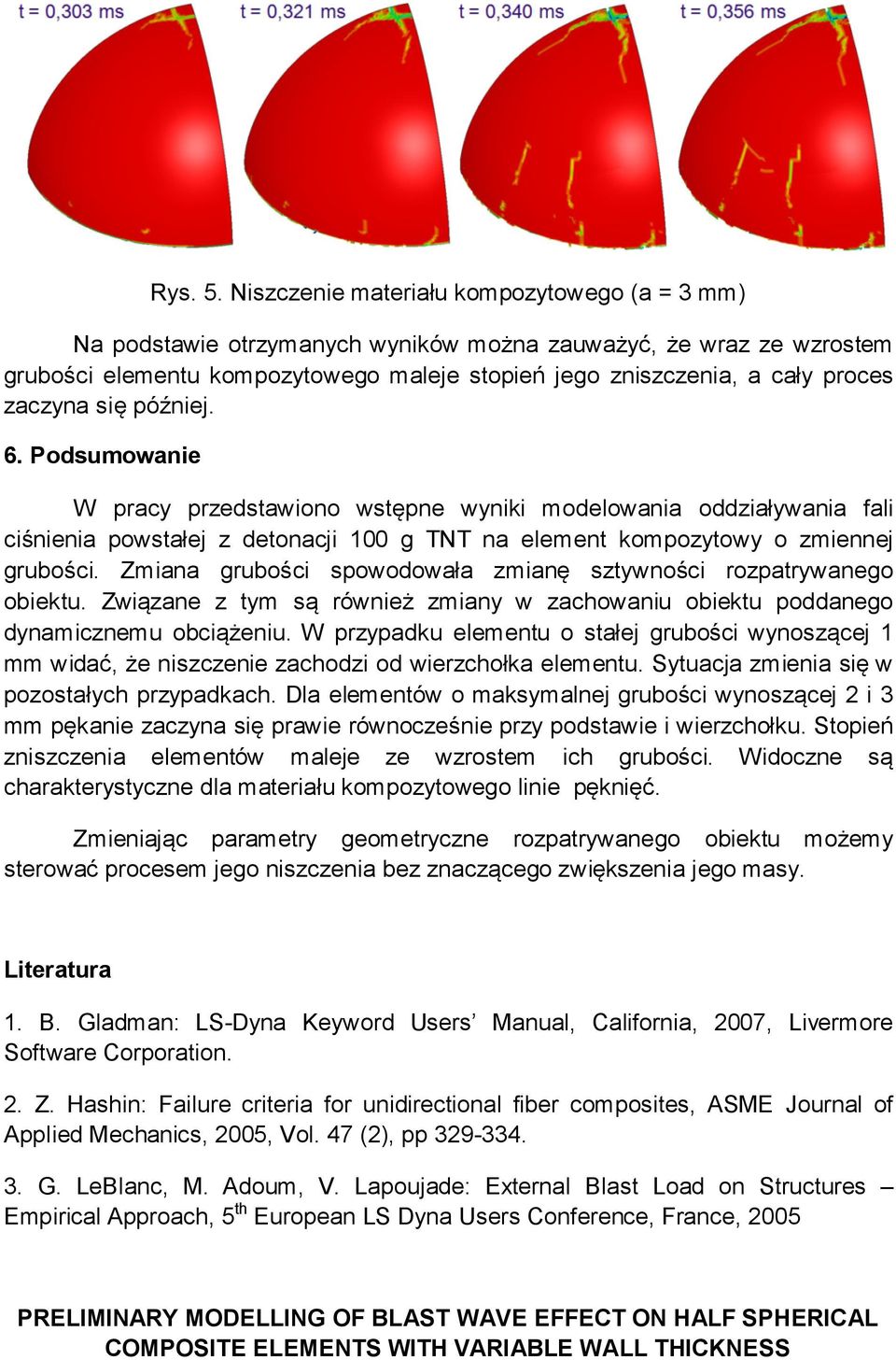 zaczyna się później. 6. Podsumowanie W pracy przedstawiono wstępne wyniki modelowania oddziaływania fali ciśnienia powstałej z detonacji 100 g TNT na element kompozytowy o zmiennej grubości.