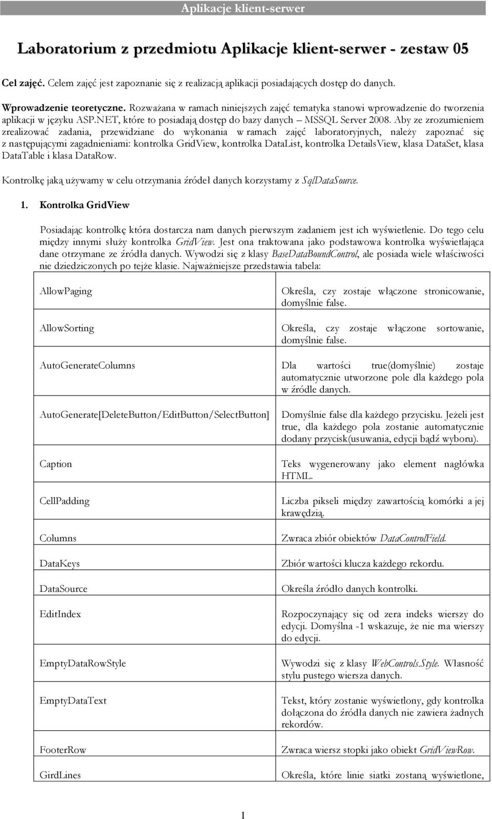Aby ze zrozumieniem zrealizować zadania, przewidziane do wykonania w ramach zajęć laboratoryjnych, należy zapoznać się z następującymi zagadnieniami: kontrolka GridView, kontrolka DataList, kontrolka