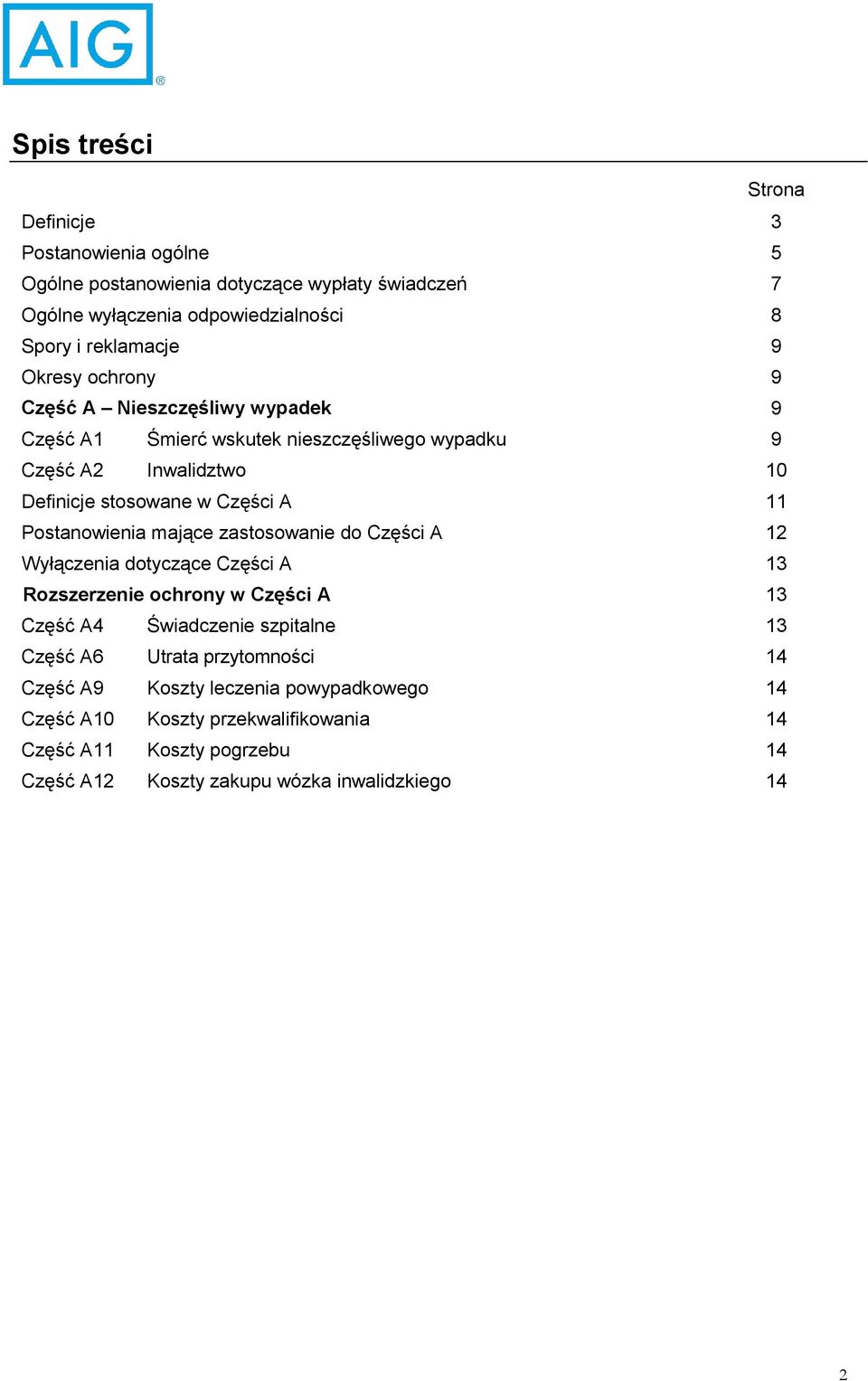 Postanowienia mające zastosowanie do Części A 12 Wyłączenia dotyczące Części A 13 Rozszerzenie ochrony w Części A 13 Część A4 Świadczenie szpitalne 13 Część A6