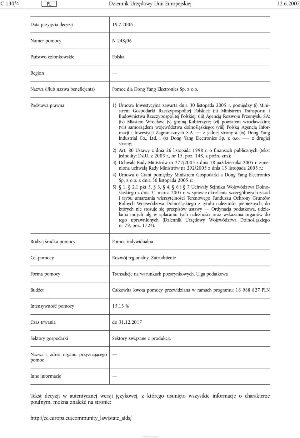 zmieniona uchwałą Rady Ministrów nr 292/2005 z dnia 15 listopada 2005 r.; 4) Umowa o Grant pomiędzy Ministrem Gospodarki a Dong Yang Electronics Sp.