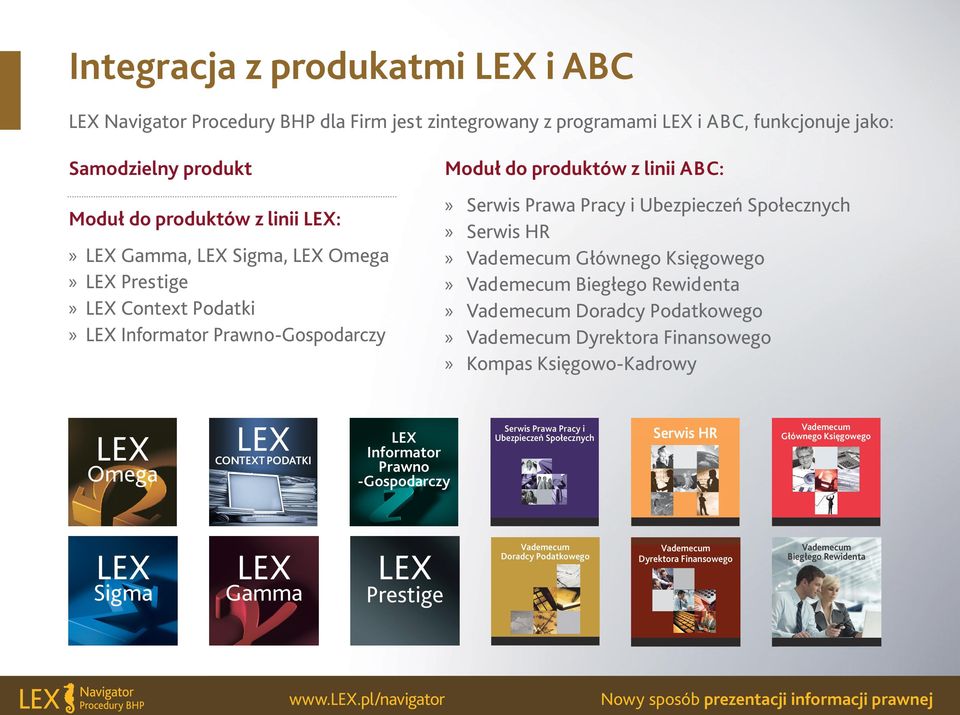 Sigma, LEX Omega LEX Prestige LEX Context Podatki LEX Informator Prawno-Gospodarczy Moduł do produktów z linii ABC: Serwis Prawa Pracy i Ubezpieczeń Społecznych Serwis HR Vademecum Głównego