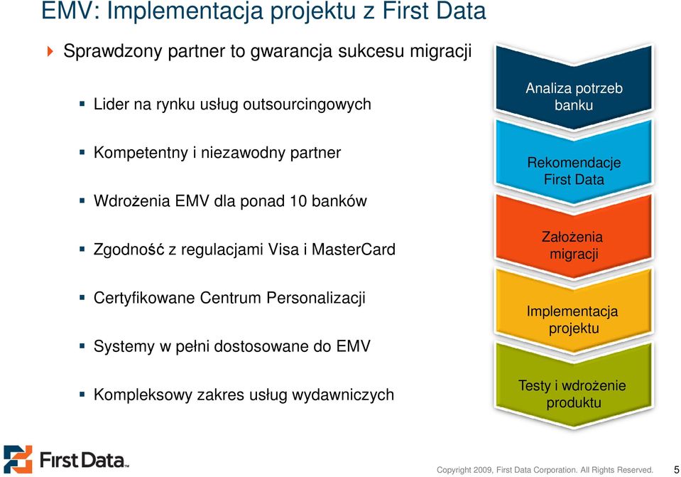 Rekomendacje First Data Założenia migracji Certyfikowane Centrum Personalizacji Systemy w pełni dostosowane do EMV Kompleksowy