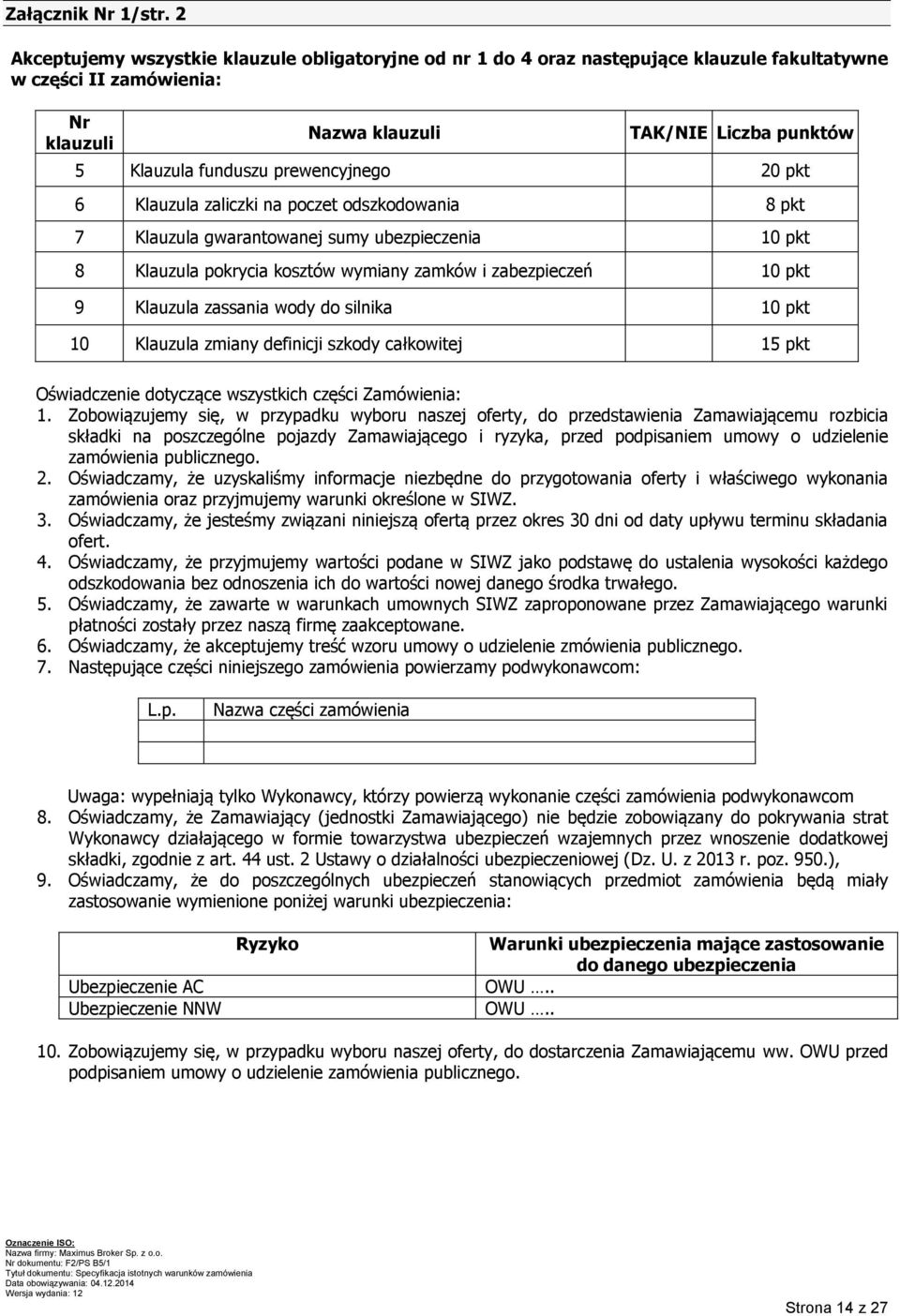 prewencyjnego 20 pkt 6 Klauzula zaliczki na poczet odszkodowania 8 pkt 7 Klauzula gwarantowanej sumy ubezpieczenia 10 pkt 8 Klauzula pokrycia kosztów wymiany zamków i zabezpieczeń 10 pkt 9 Klauzula