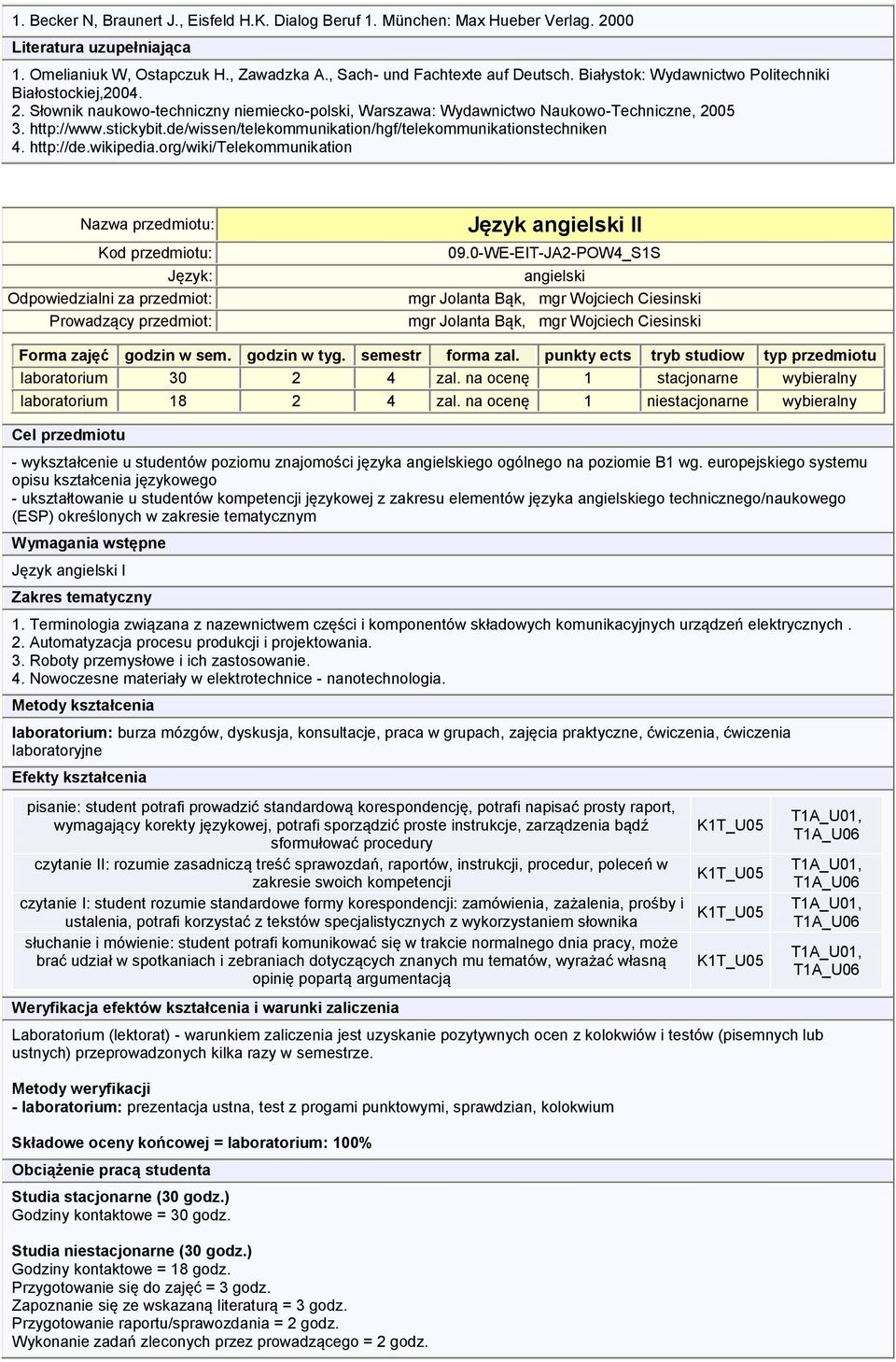 de/wissen/telekommunikation/hgf/telekommunikationstechniken 4. http://de.wikipedia.org/wiki/telekommunikation Odpowiedzialni za przedmiot: Język angielski II 09.