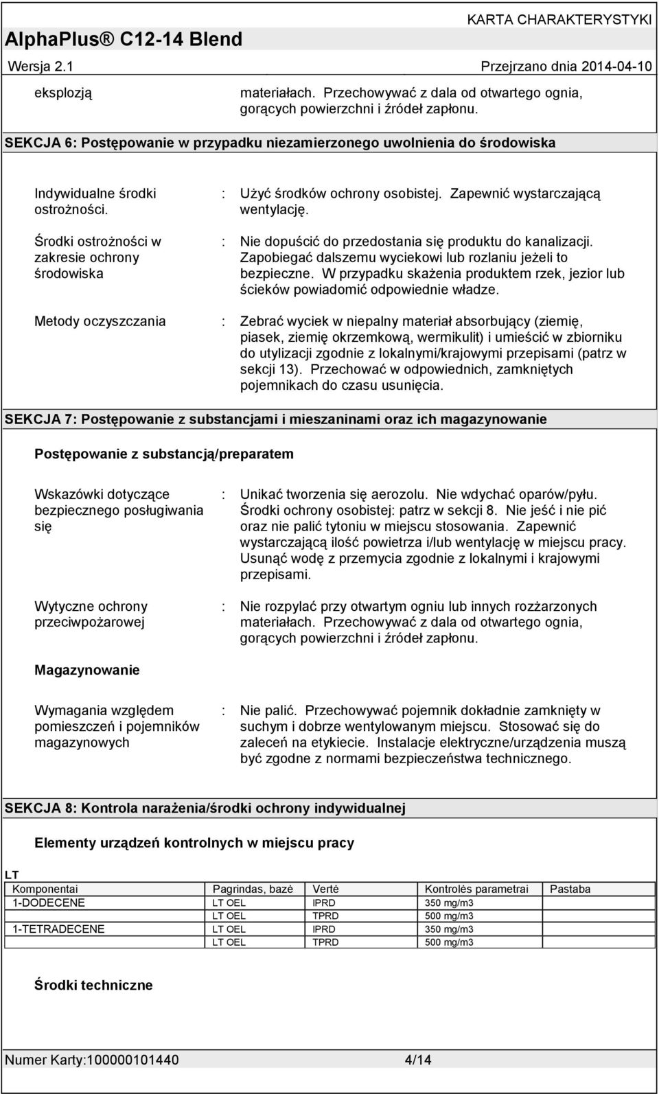 Zapewnić wystarczającą wentylację. : Nie dopuścić do przedostania się produktu do kanalizacji. Zapobiegać dalszemu wyciekowi lub rozlaniu jeżeli to bezpieczne.