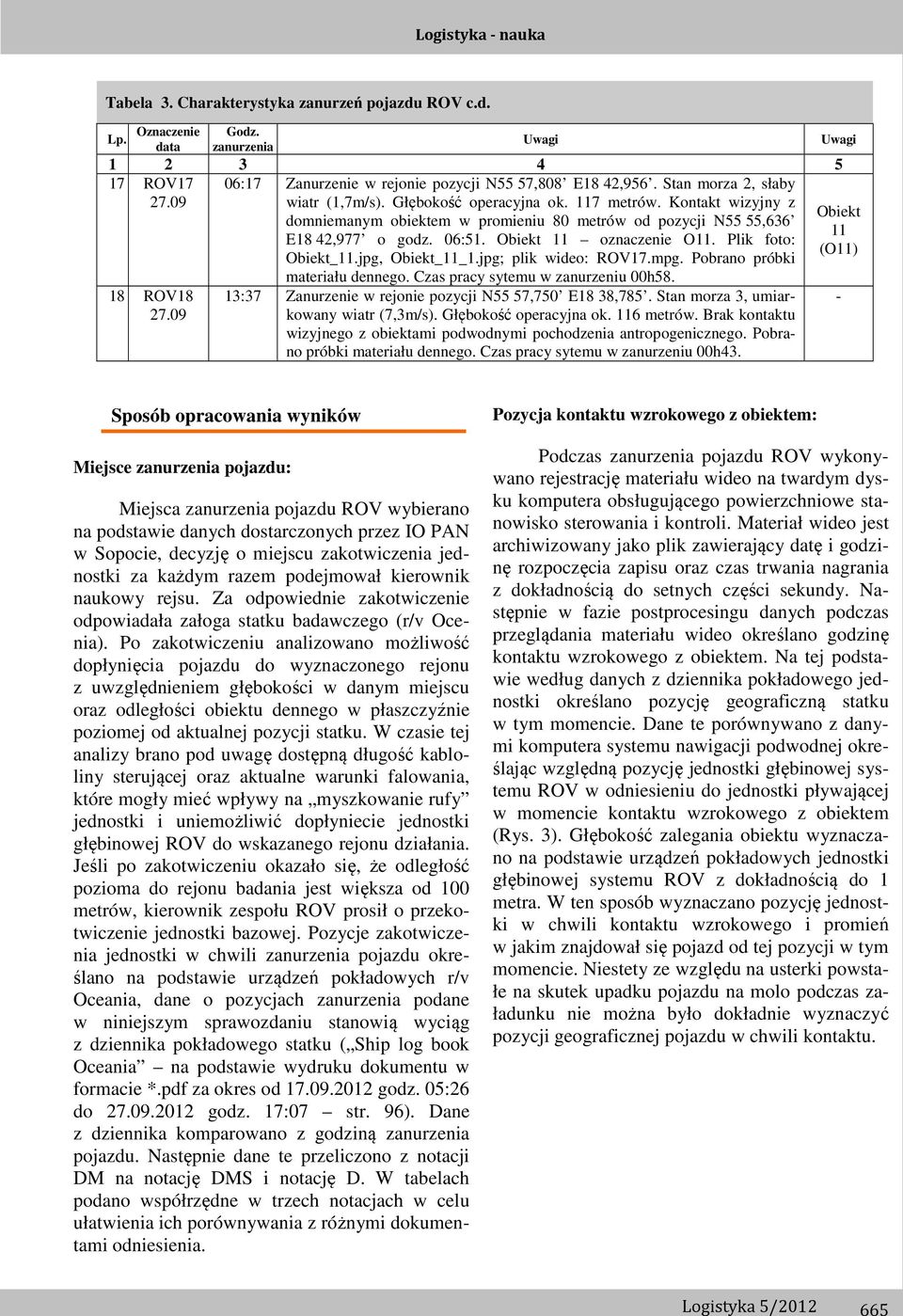 Obiekt 11 oznaczenie O11. Plik foto: Obiekt_11.jpg, Obiekt_11_1.jpg; plik wideo: ROV17.mpg. Pobrano próbki materiału dennego. Czas pracy sytemu w zanurzeniu 00h58.