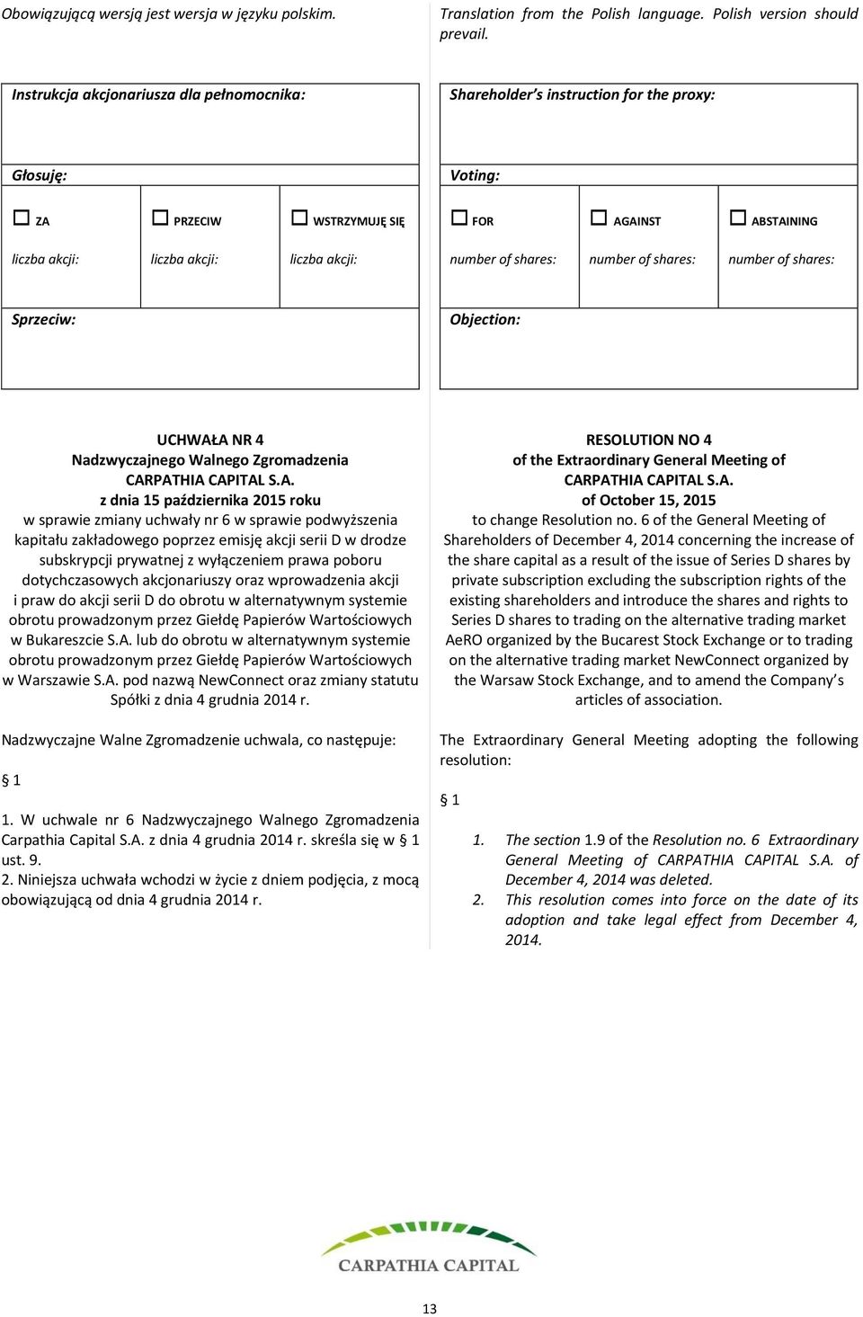 Walnego Zgromadzenia z dnia 15 października 2015 roku w sprawie zmiany uchwały nr 6 w sprawie podwyższenia kapitału zakładowego poprzez emisję akcji serii D w drodze subskrypcji prywatnej z