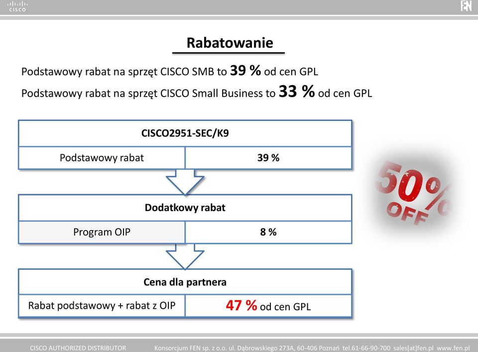 CISCO2951-SEC/K9 Podstawowy rabat 39 % Dodatkowy rabat Program OIP