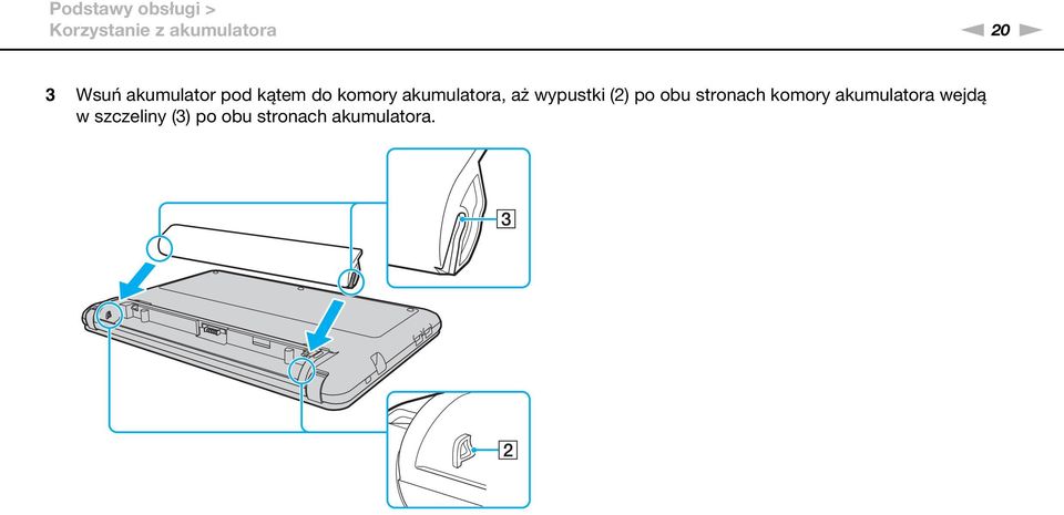 aż wypustki (2) po obu stronach komory akumulatora