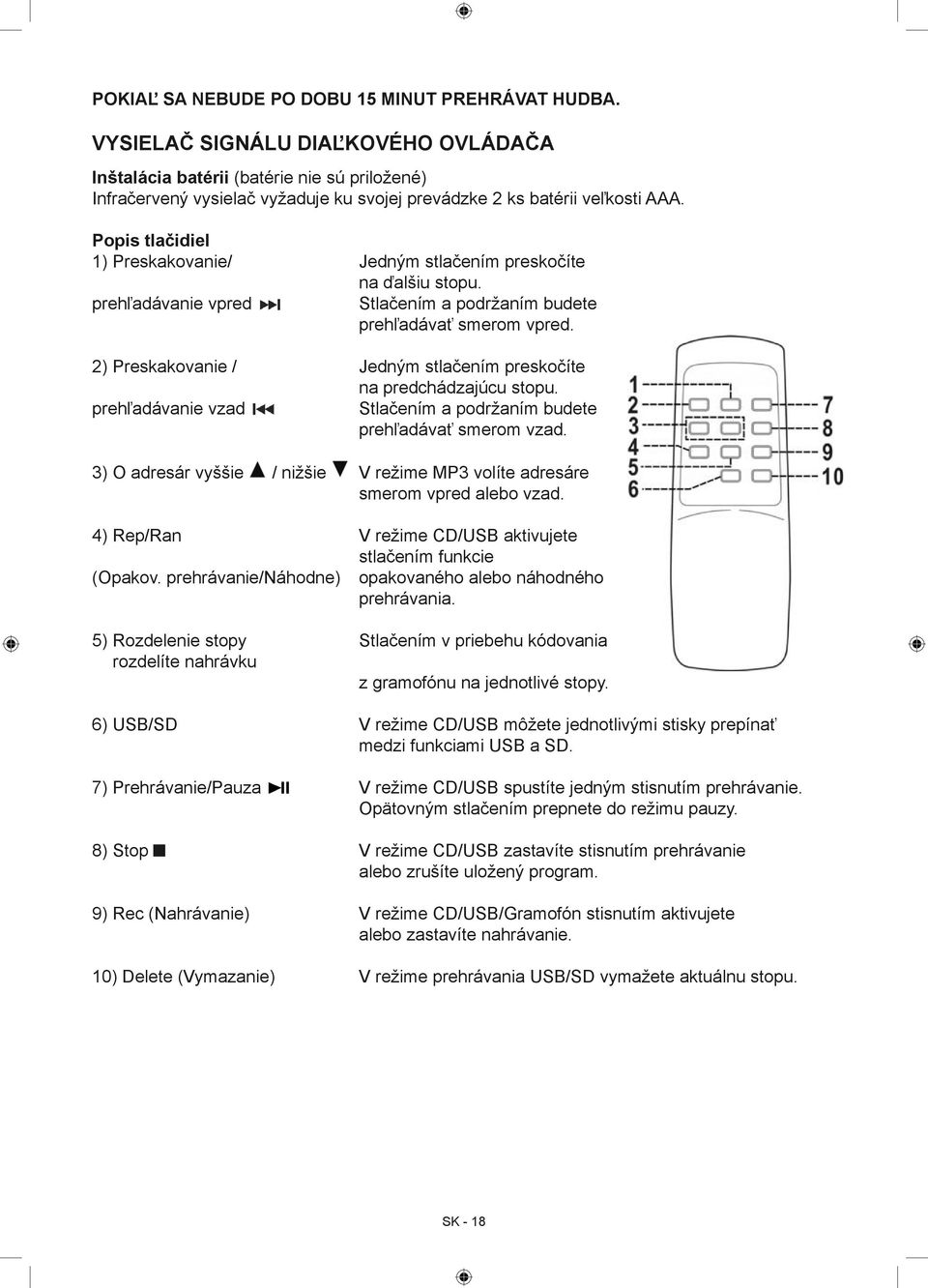 Popis tlačidiel 1) Preskakovanie/ Jedným stlačením preskočíte na ďalšiu stopu. prehľadávanie vpred Stlačením a podržaním budete prehľadávať smerom vpred.