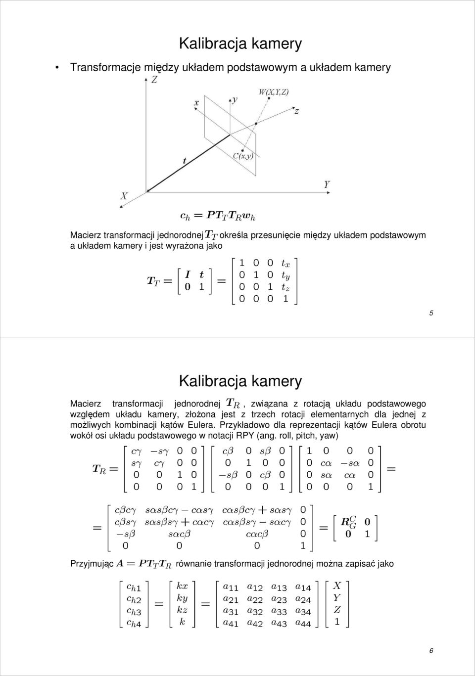 układu kamery, złoŝona jest z trzech rotacji elementarnych dla jednej z moŝliwych kombinacji kątów Eulera.