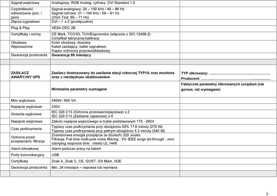 Mark, TCO 03, TUV/Ergonomics (włącznie z ISO 12406-2) Certyfikat fabrycznej kalibracji Obudowa Kolor obudowy: dowolny Wyposażenie Kabel zasilający, kable sygnałowe, Kaptur ochronny przeciwodblaskowy