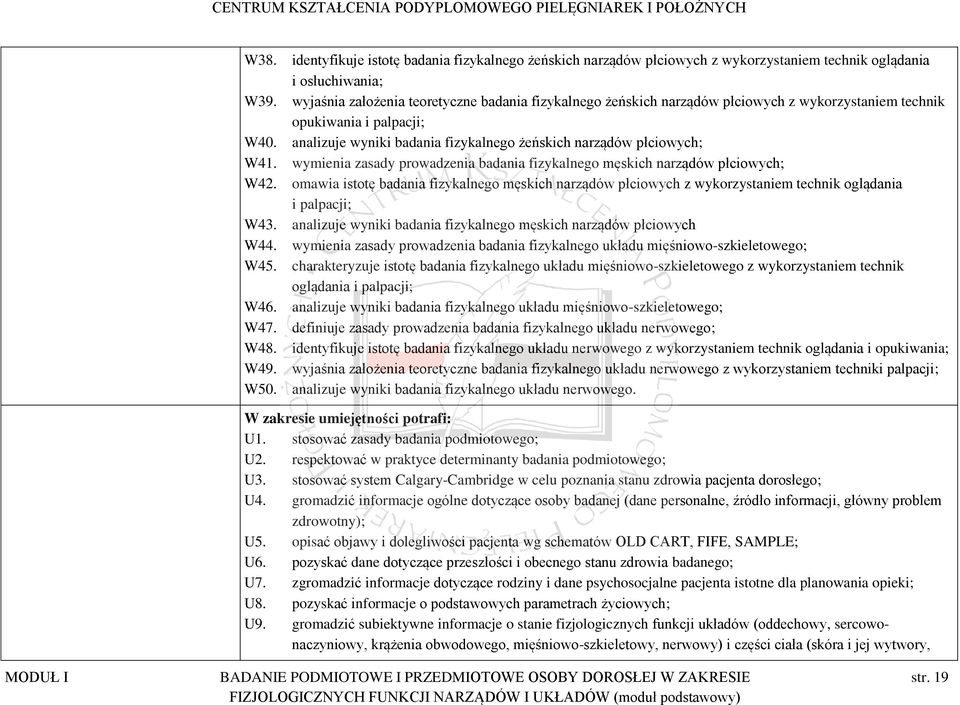 analizuje wyniki badania fizykalnego żeńskich narządów płciowych; W41. wymienia zasady prowadzenia badania fizykalnego męskich narządów płciowych; W42.