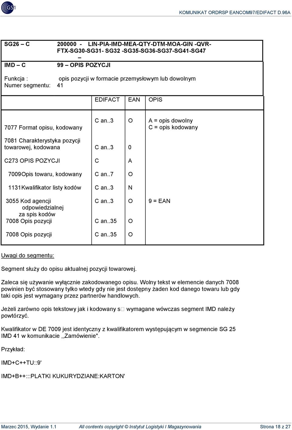 .7 O 1131 Kwalifikator listy kodów C an..3 N 3055 Kod agencji C an..3 O 9 = EAN odpowiedzialnej za spis kodów 7008 Opis pozycji C an..35 O 7008 Opis pozycji C an.