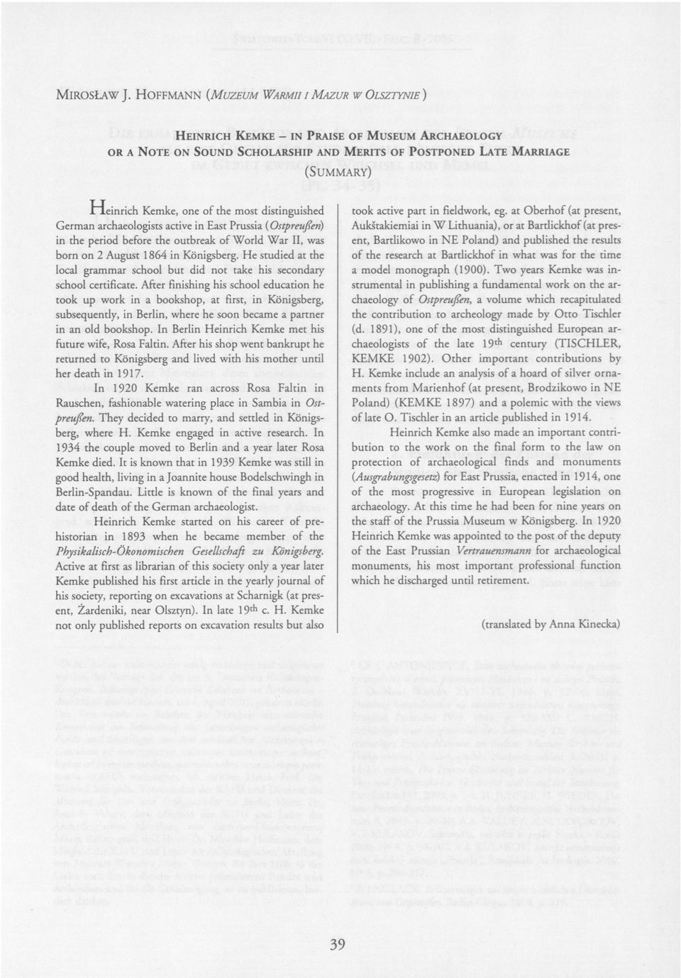 TS OF P OSTP ON ED LATE MARRIAGE ( SU M M AR Y) zyxwvutsrqponmlkjihgfedcbazyxwvutsrqponmlkjihgfedcba Ilein rich Kemke, one of the most distinguished German archaeologists active in East Prussia