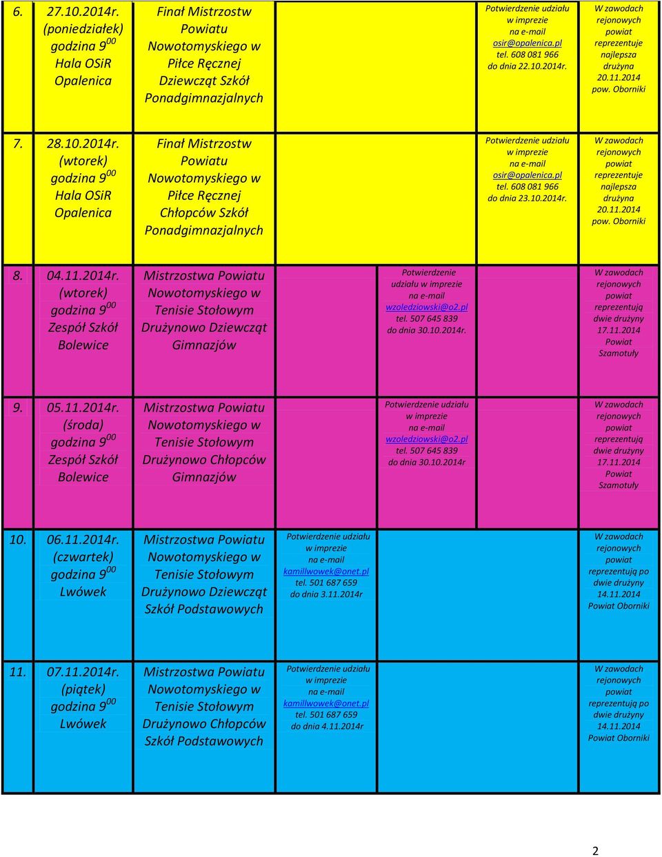 pl tel. 507 645 839 do dnia 30.10.2014r 17.11.2014 Powiat Szamotuły 10. 06.11.2014r. Tenisie Stołowym Drużynowo do dnia 3.11.2014r po 14.11.2014 Powiat Oborniki 11.