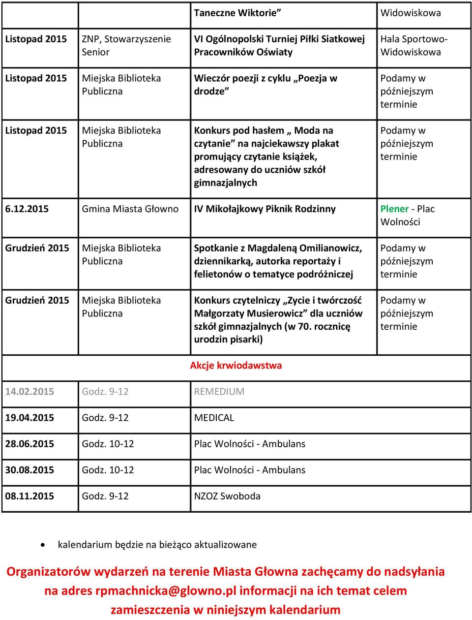 2015 Gmina Miasta Głowno IV Mikołajkowy Piknik Rodzinny Plener - Plac Wolności Grudzień 2015 Spotkanie z Magdaleną Omilianowicz, dziennikarką, autorka reportaży i felietonów o tematyce podróżniczej