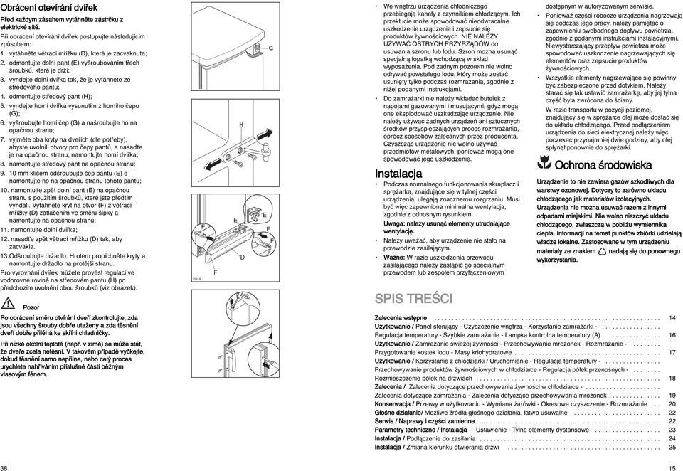 odmontujte stfiedov pant (H); 5. vyndejte horní dvífika vysunutím z horního ãepu (G); 6. vy roubujte horní ãep (G) a na roubujte ho na opaãnou stranu; 7.