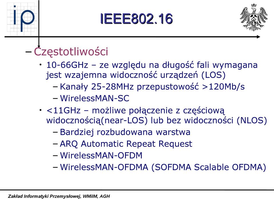 urządzeń (LOS) Kanały 25-28MHz przepustowość >120Mb/s WirelessMAN-SC <11GHz możliwe