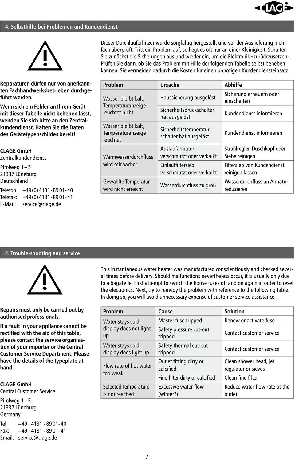 Prüfen Sie dann, ob Sie das Problem mit Hilfe der folgenden Tabelle selbst beheben können. Sie vermeiden dadurch die Kosten für einen unnötigen Kunden diensteinsatz.