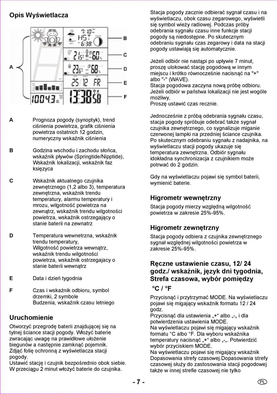 Jeżeli odbiór nie nastąpi po upływie 7 minut, proszę ulokować stację pogodową w innym miejscu i krótko równocześnie nacisnąć na "+" albo "-" (WAVE). Stacja pogodowa zaczyna nową próbę odbioru.