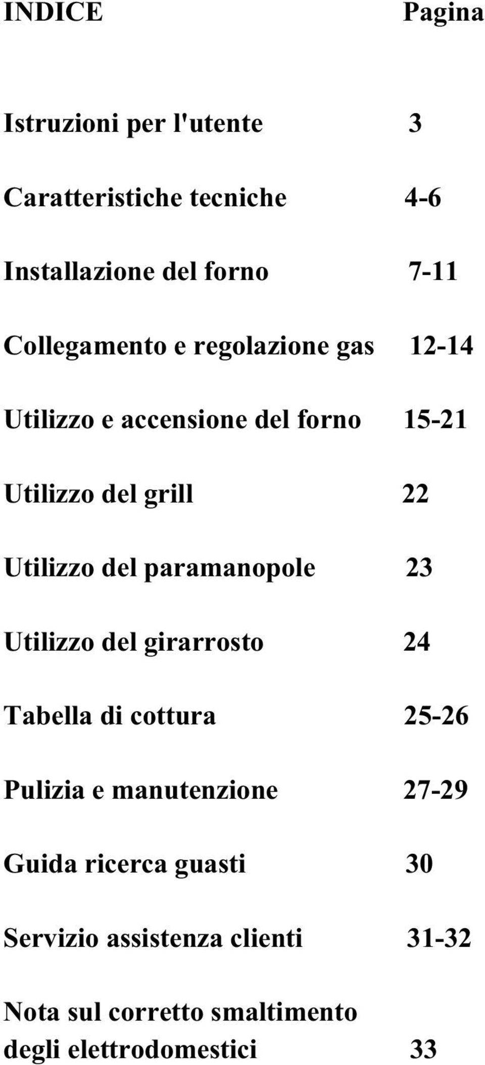 Utilizzo del paramanopole 23 Utilizzo del girarrosto 24 Tabella di cottura 25-26 Pulizia e manutenzione