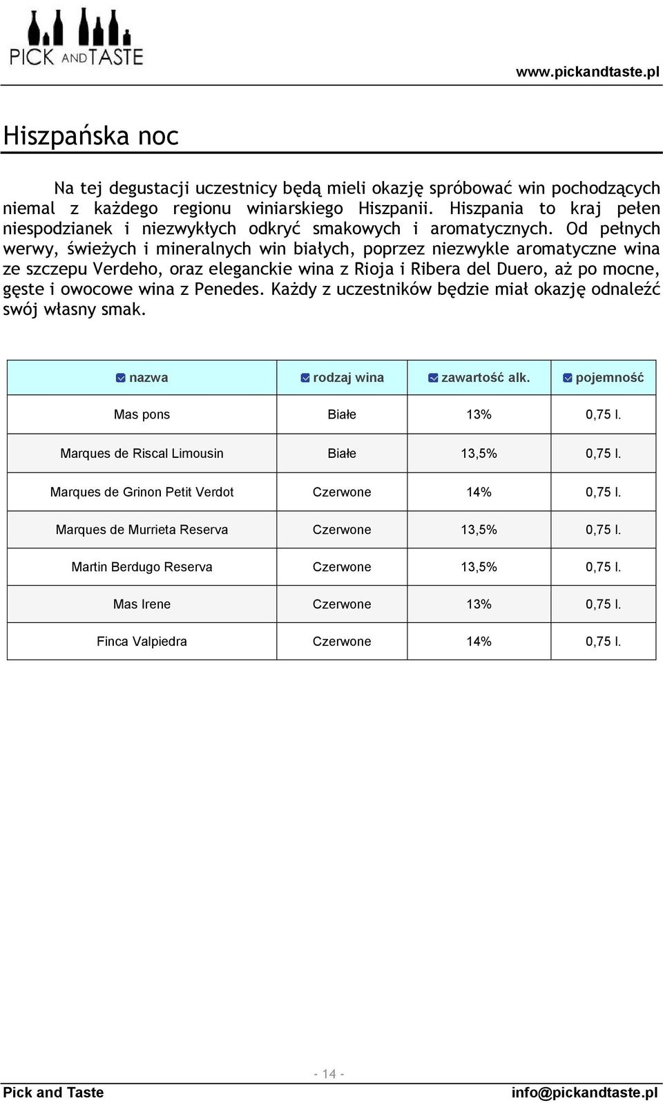 Od pełnych werwy, świeżych i mineralnych win białych, poprzez niezwykle aromatyczne wina ze szczepu Verdeho, oraz eleganckie wina z Rioja i Ribera del Duero, aż po mocne, gęste i owocowe wina z