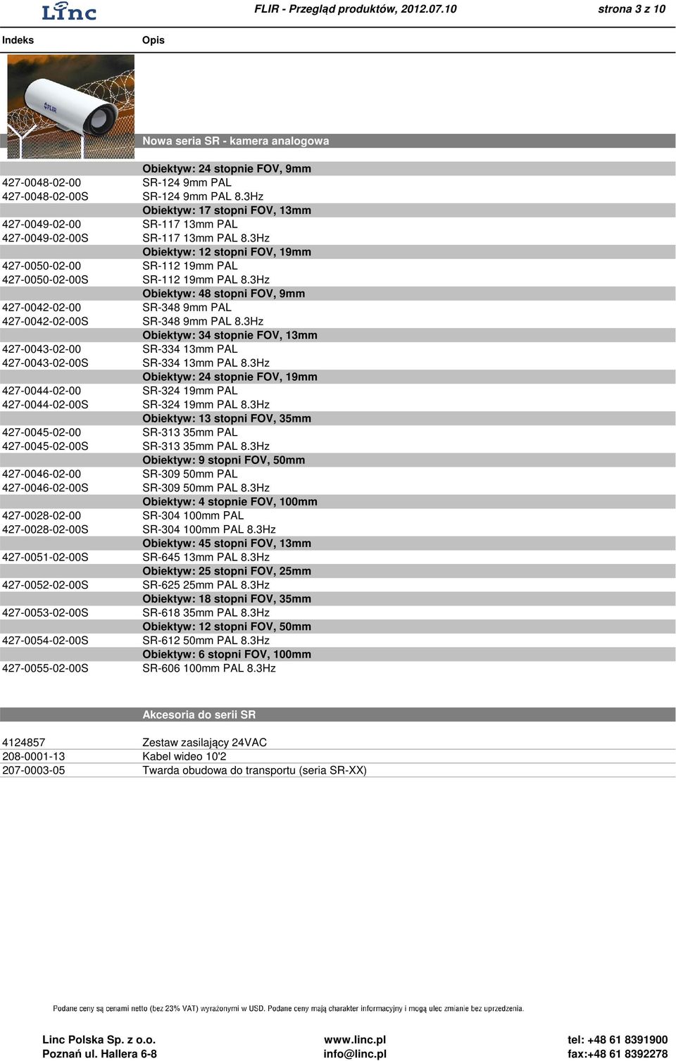 3Hz Obiektyw: 48 stopni FOV, 9mm 427-0042-02-00 SR-348 9mm PAL 427-0042-02-00S SR-348 9mm PAL 8.3Hz Obiektyw: 34 stopnie FOV, 13mm 427-0043-02-00 SR-334 13mm PAL 427-0043-02-00S SR-334 13mm PAL 8.