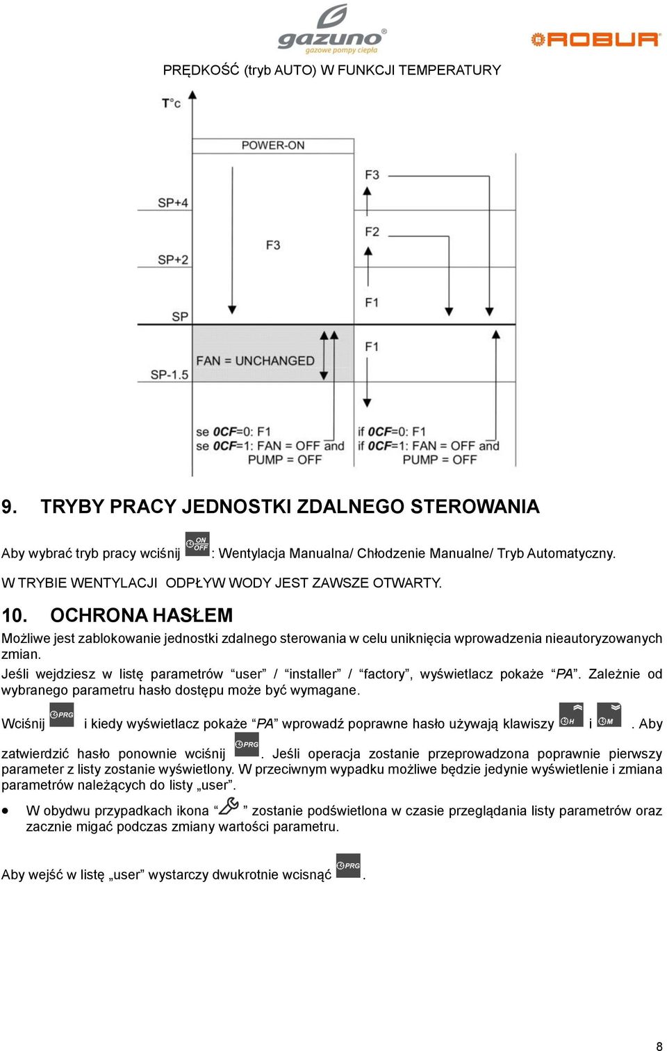 Jeśli wejdziesz w listę parametrów user / installer / factory, wyświetlacz pokaże PA. Zależnie od wybranego parametru hasło dostępu może być wymagane.