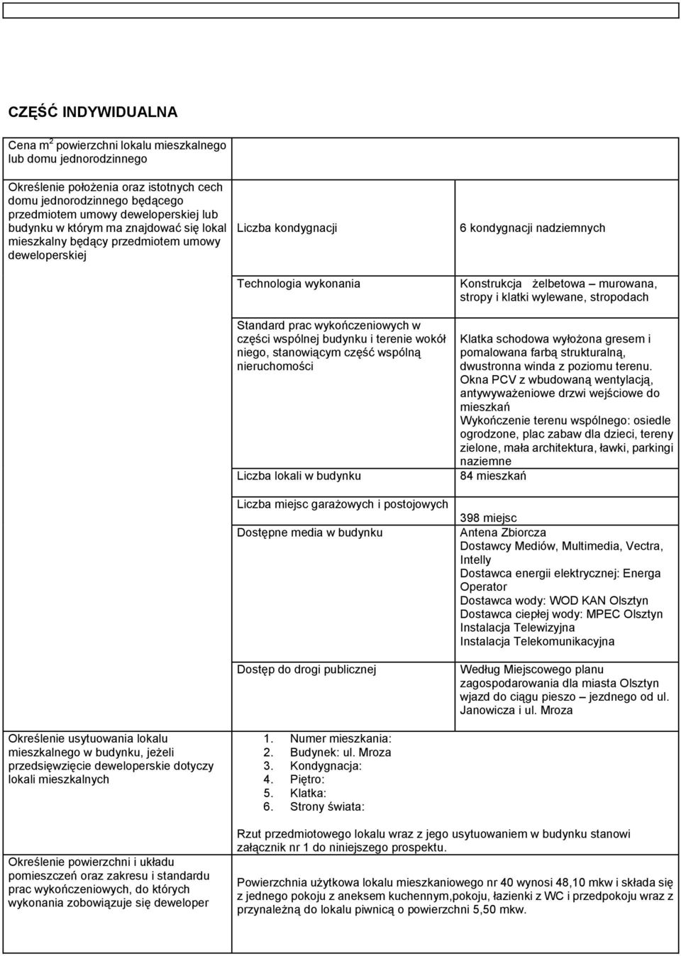 mieszkalnych Liczba kondygnacji Technologia wykonania Standard prac wykończeniowych w części wspólnej budynku i terenie wokół niego, stanowiącym część wspólną nieruchomości Liczba lokali w budynku