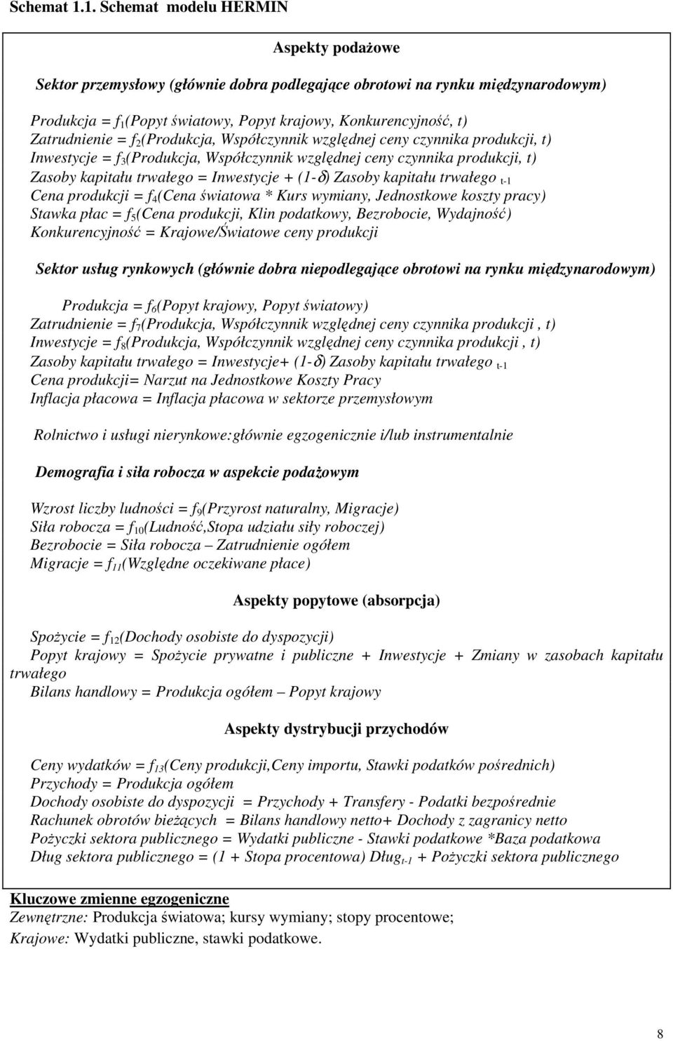 Zatrudnienie = f 2 (Produkcja, Współczynnik względnej ceny czynnika produkcji, t) Inwestycje = f 3 (Produkcja, Współczynnik względnej ceny czynnika produkcji, t) Zasoby kapitału trwałego = Inwestycje