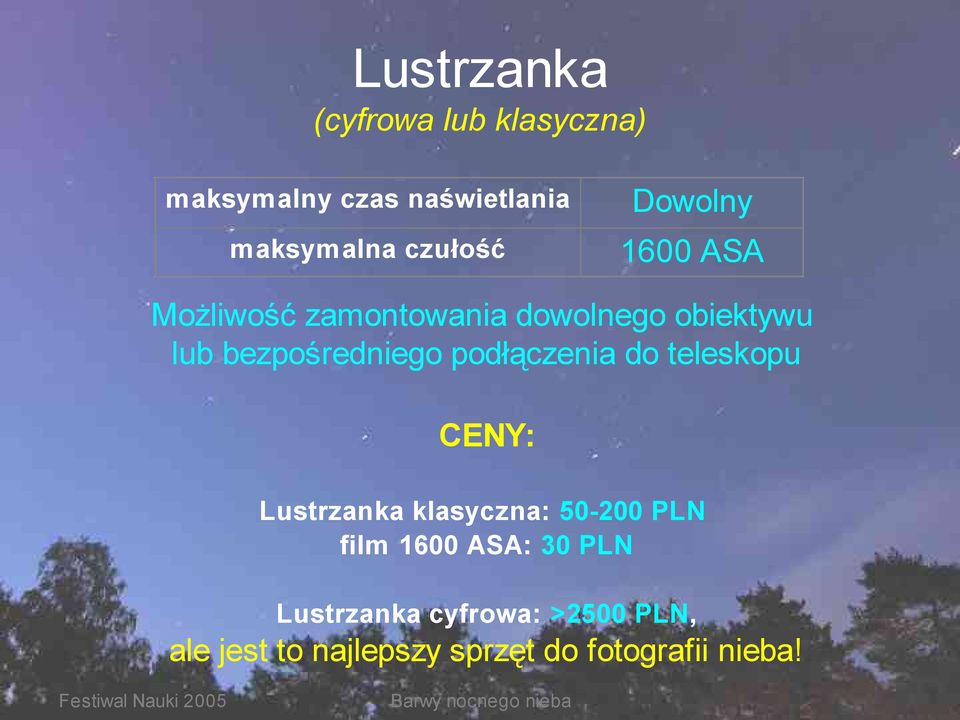 bezpośredniego podłączenia do teleskopu CENY: Lustrzanka klasyczna: 50-200 PLN