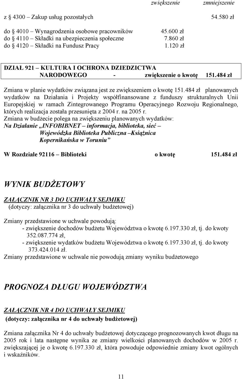484 zł planowanych wydatków na Działania i Projekty współfinansowane z funduszy strukturalnych Unii Europejskiej w ramach Zintegrowanego Programu Operacyjnego Rozwoju Regionalnego, których realizacja
