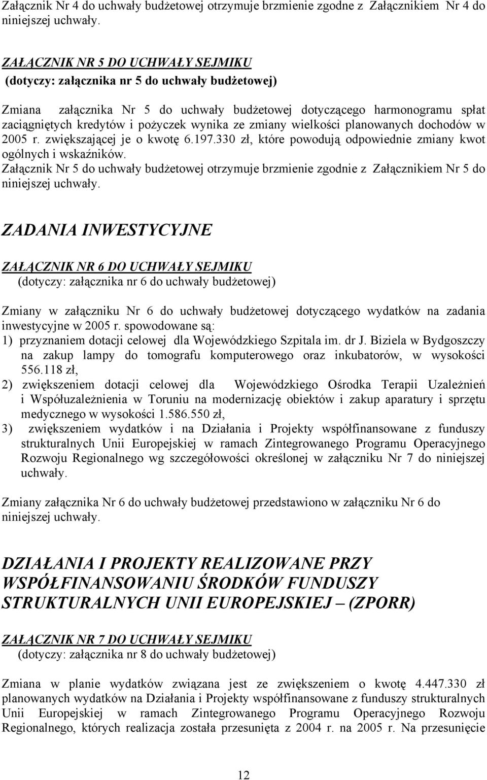 ze zmiany wielkości planowanych dochodów w 2005 r. zwiększającej je o kwotę 6.197.330 zł, które powodują odpowiednie zmiany kwot ogólnych i wskaźników.