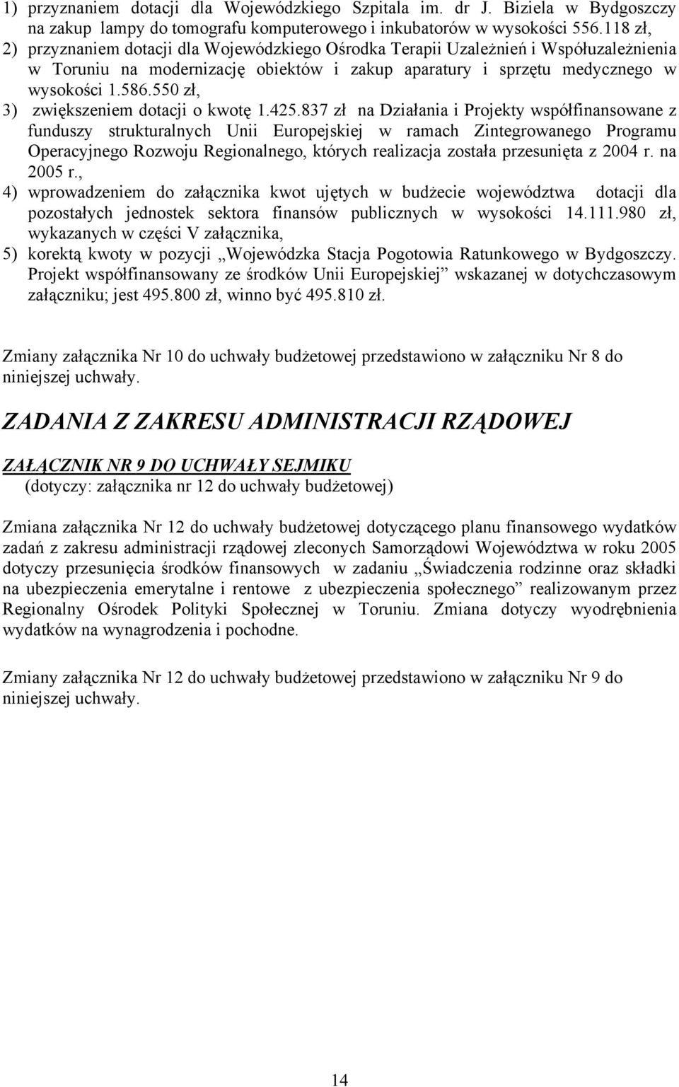 550 zł, 3) zwiększeniem dotacji o kwotę 1.425.