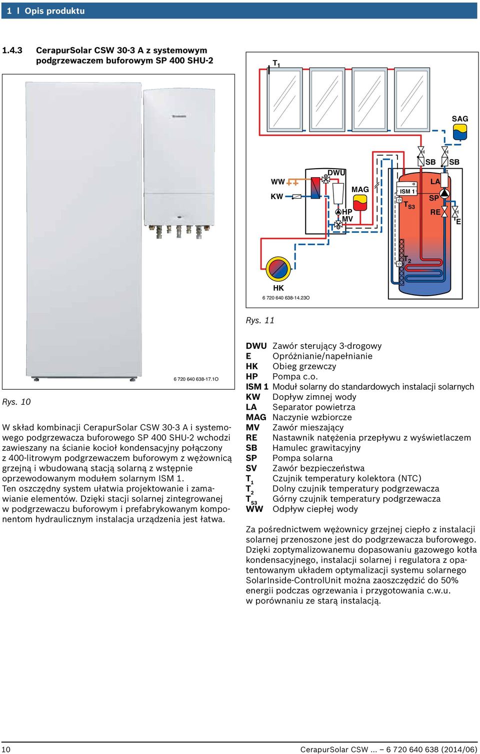 1O W skład kombinacji CerapurSolar CSW 30-3 A i systemowego podgrzewacza buforowego SP 400 SHU-2 wchodzi zawieszany na ścianie kocioł kondensacyjny połączony z 400-litrowym podgrzewaczem buforowym z